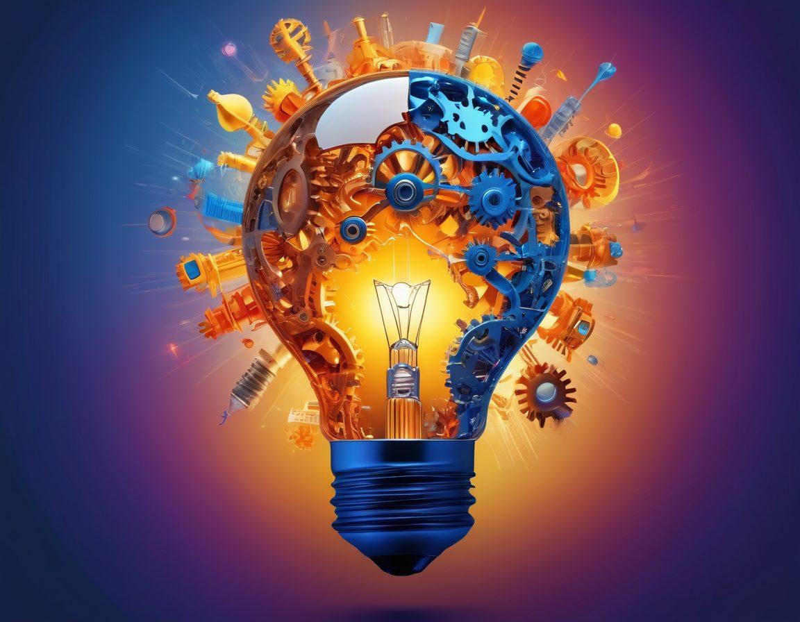 A dazzling light bulb representing intelligence, surrounded by colorful abstract shapes symbolizing various intelligence evaluations like IQ tests and skill assessments. Include a brain made of gears to emphasize analytical thinking. The background should feature a gradient from deep blue to bright gold, illustrating the journey from potential to achievement. super-realistic. vibrant colors. abstract background.