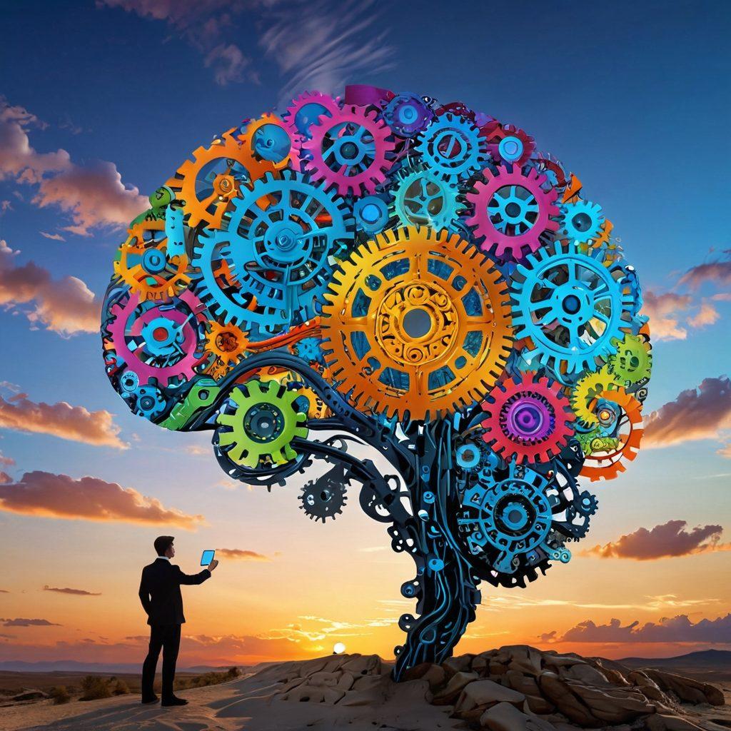 A surreal landscape depicting a human brain made of intricate gears and circuits, surrounded by colorful cognitive patterns and mathematical symbols. In the foreground, a figure gazes at the brain while holding a puzzle piece, symbolizing unlocking potential. The sky above transitions from numerical equations to vibrant abstract shapes, representing the fusion of logic and creativity. vivid colors. super-realistic. dynamic composition.